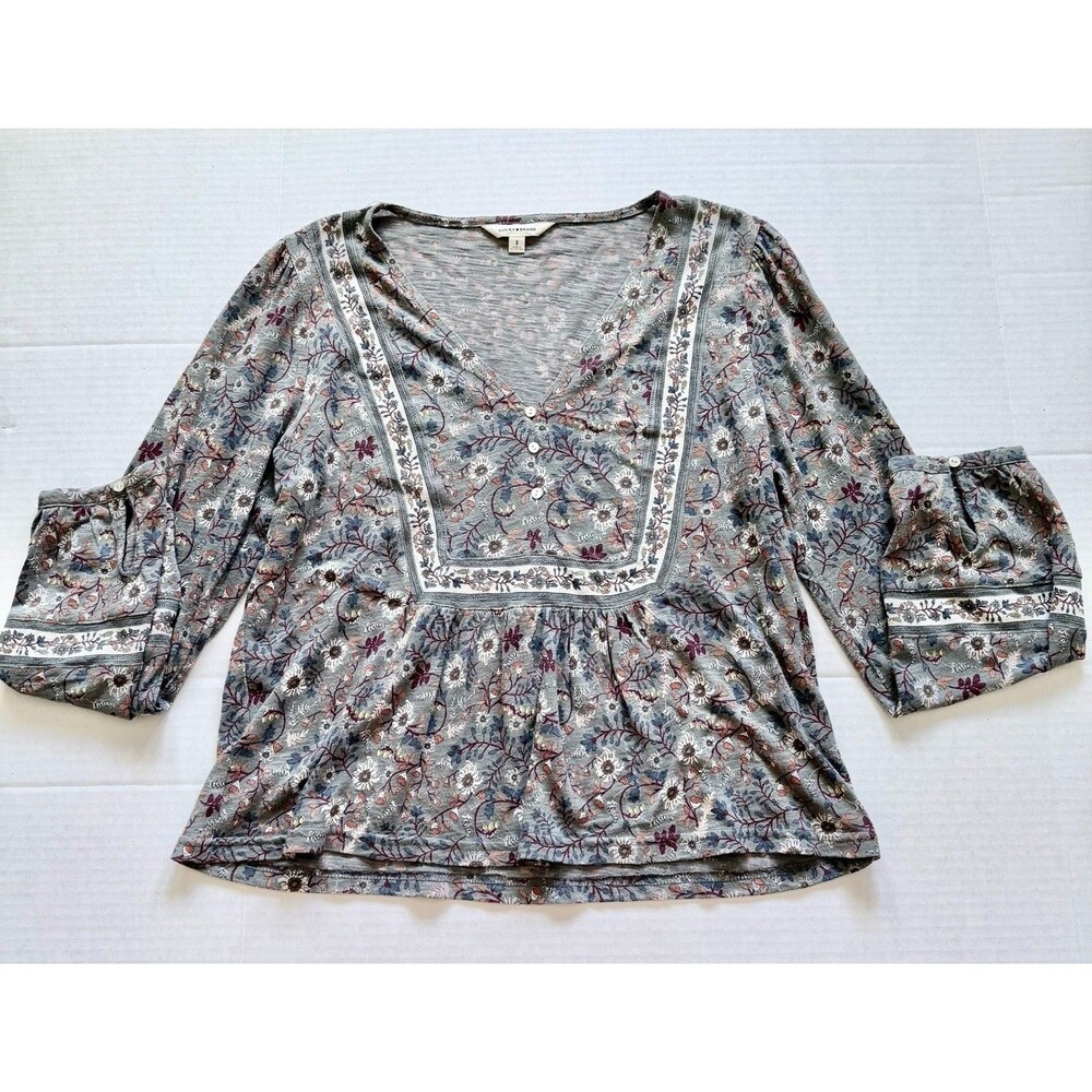 Lucky Brand Peasant Top Boho Gray Floral Knit Size Small Babydoll 3/4 Sleeve
